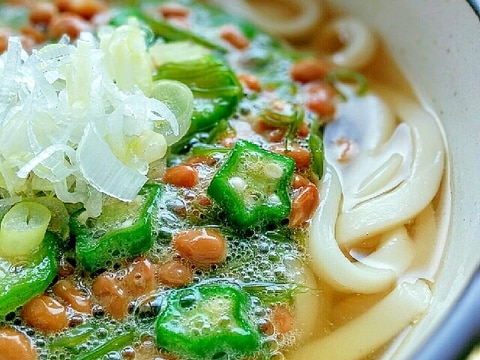 ネバネバ☆めかぶ、オクラ、納豆の温かい関西風うどん